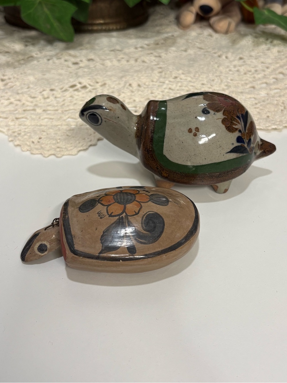 Hand-Painted Ceramic Turtle Figurines in Brown and Green -